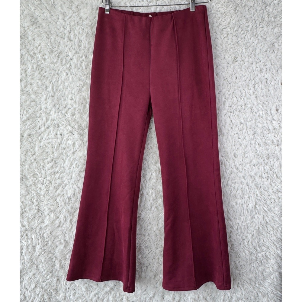 En Elly Flare Faux Suede Pull On Pants L Burgundy High Waist Boho Retro 70s Chic